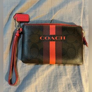 Coach Corner Zip Varsity Stripe Monogram Wristlet signature coated canvas